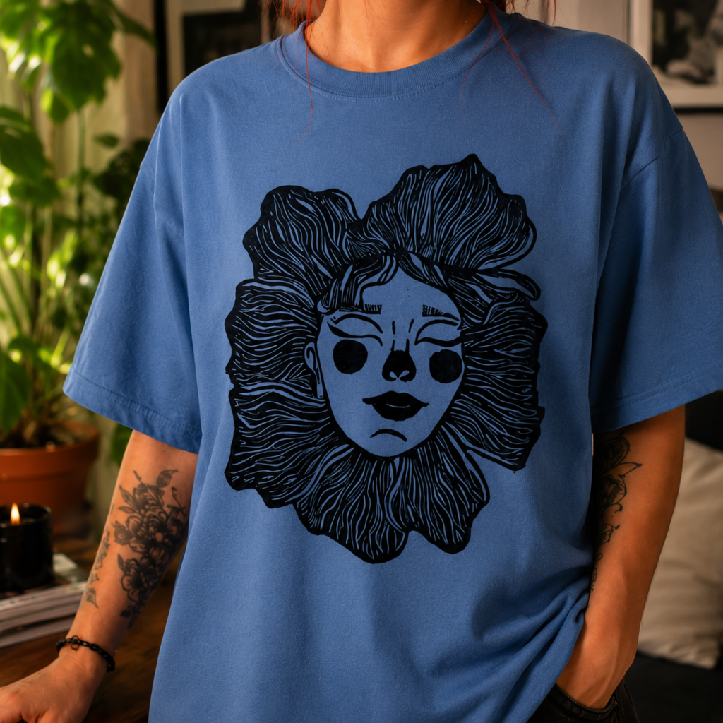 Camiseta artesanal azul con estampado floral negro de rostro femenino estilo artístico
