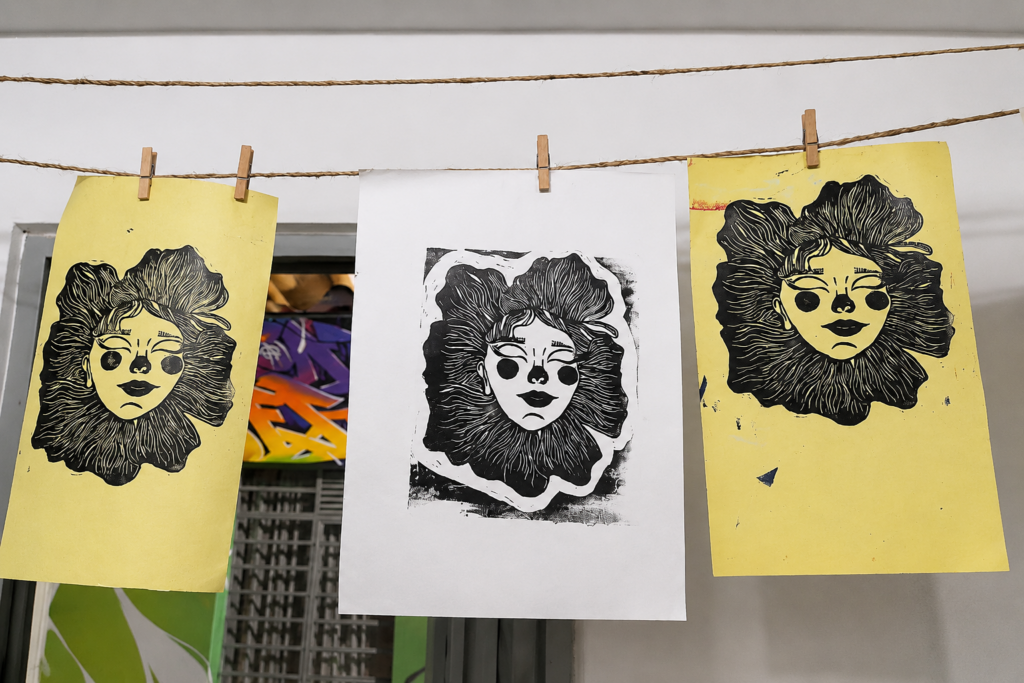 Estampados de linograbado terminados en proceso de secado