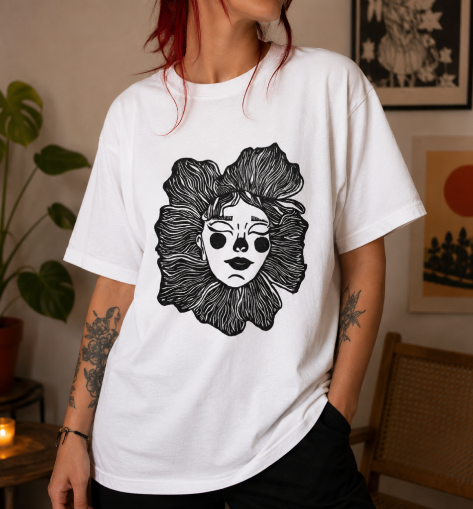 Camiseta artesanal blanca con estampado floral negro de rostro femenino estilo artístico