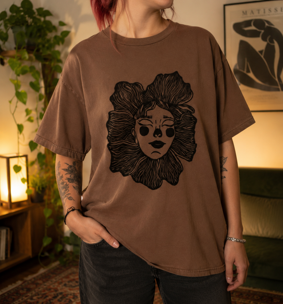 Camiseta artesanal café con estampado floral negro de rostro femenino estilo artístico