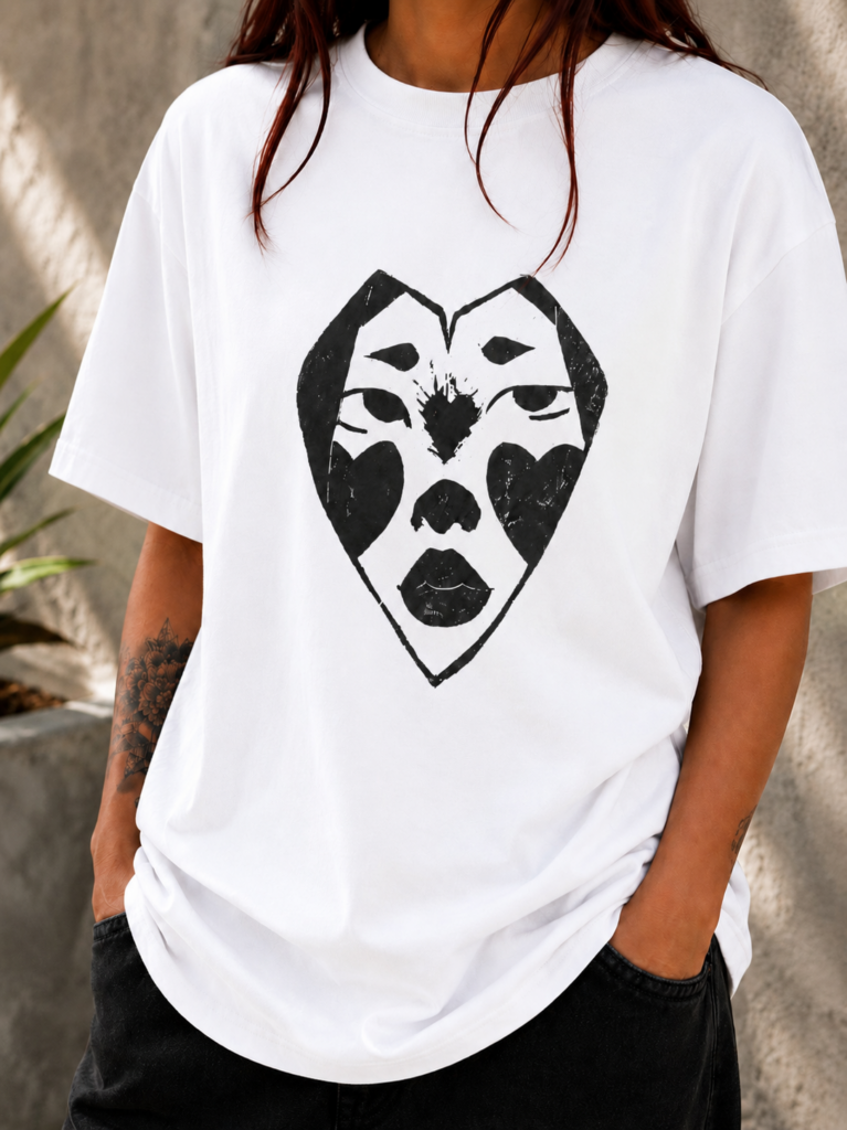 Camiseta artesanal blanca Lover estampada con técnica de linograbado en tinta negra, estilo urbano unisex