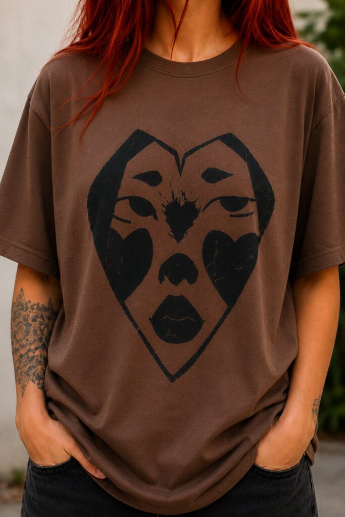 Camiseta artesanal café Lover estampada con técnica de linograbado en tinta negra, estilo urbano unisex