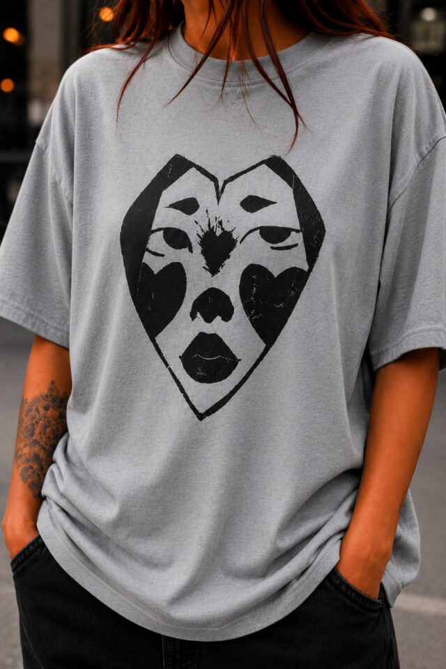 Camiseta artesanal gris Lover estampada con técnica de linograbado en tinta negra, estilo urbano unisex