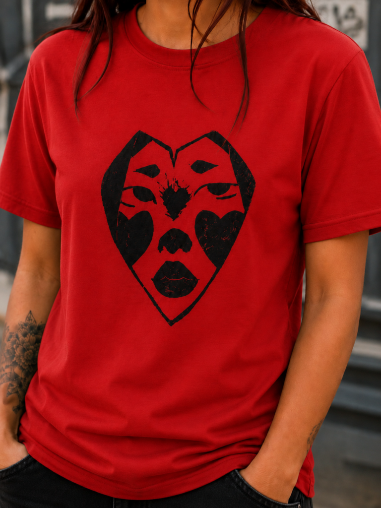 Camiseta artesanal rojo malboro Lover estampada con técnica de linograbado en tinta negra, estilo urbano unisex