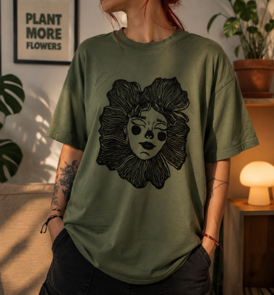 Camiseta artesanal verde con estampado floral negro de rostro femenino estilo artístico