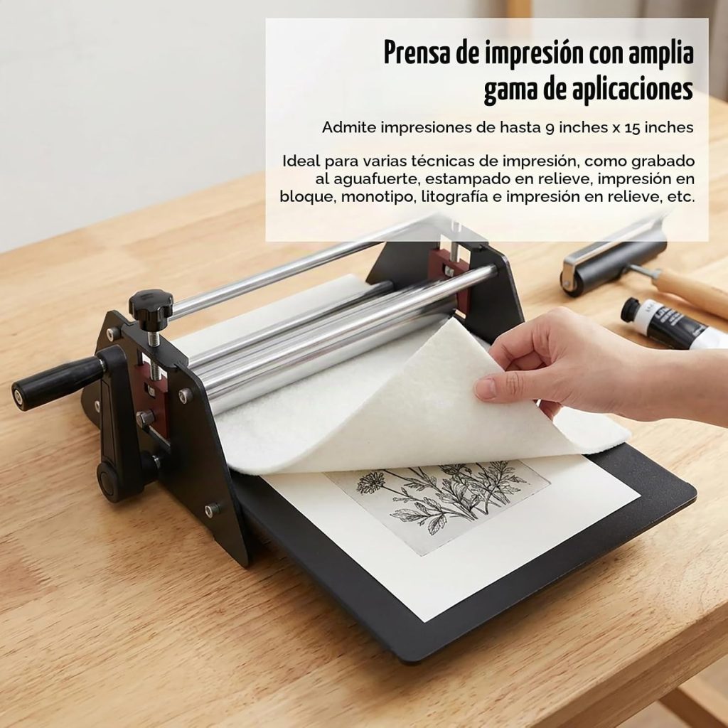 Prensa de grabado Morzhunis con rodillo, fieltro y placa base - detalle 2