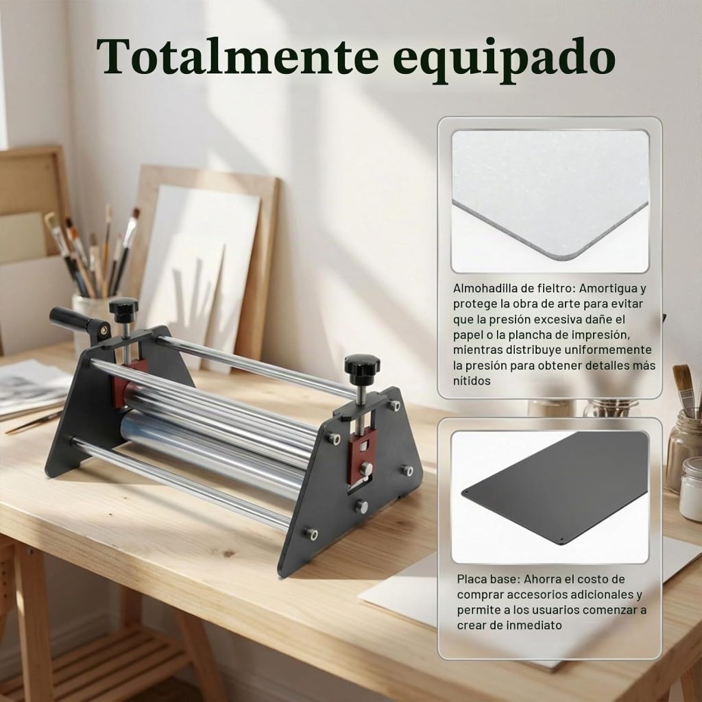 Prensa de grabado Morzhunis con rodillo, fieltro y placa base - detalle 4