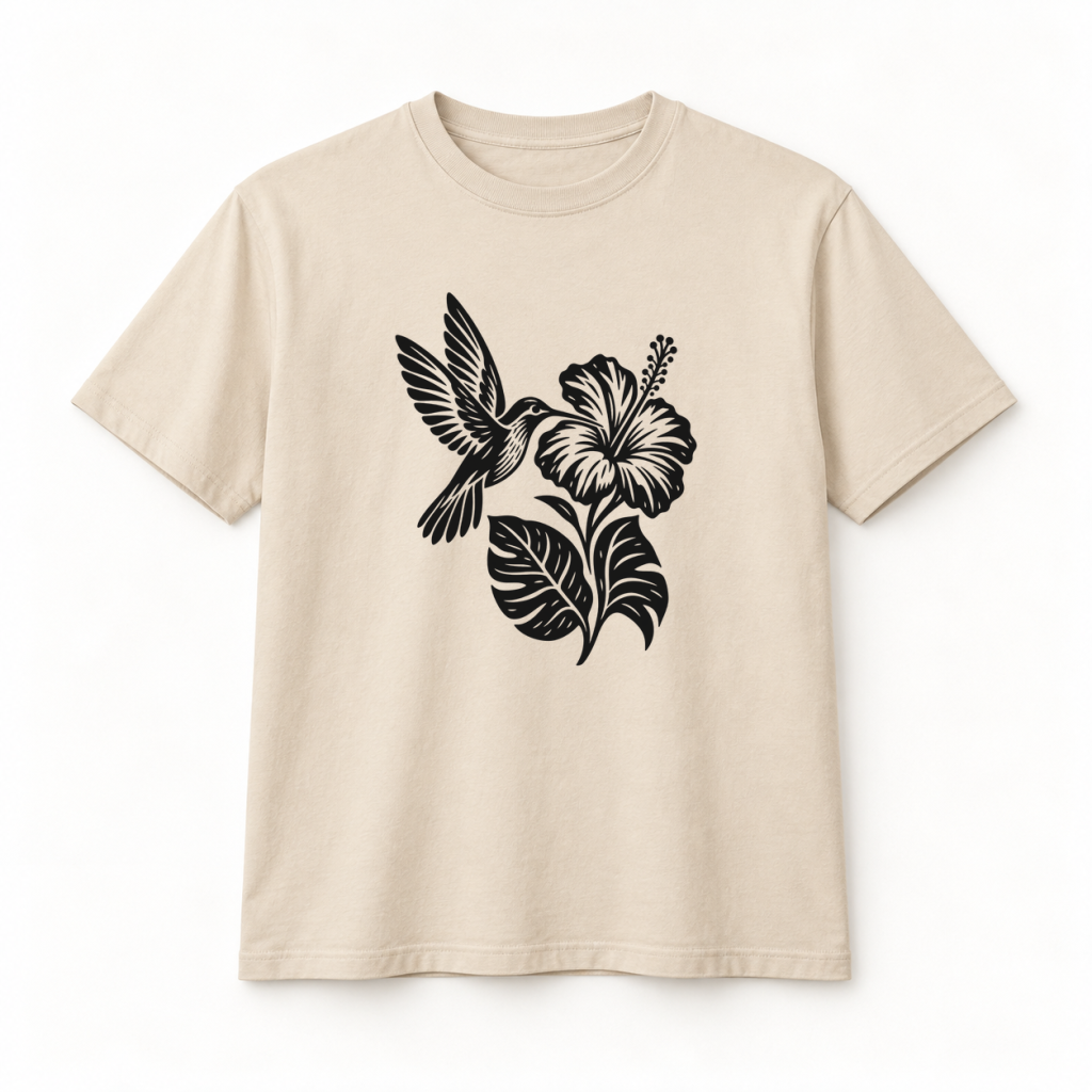 Camiseta beige con diseño Colibrí Nocturno en serigrafía a una tinta