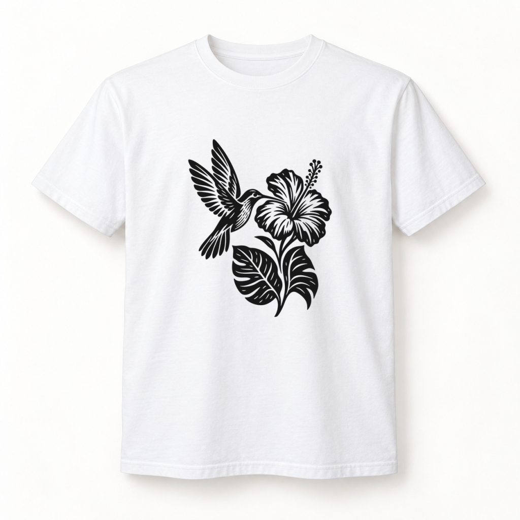 Camiseta blanca con diseño Colibrí Nocturno en serigrafía a una tinta