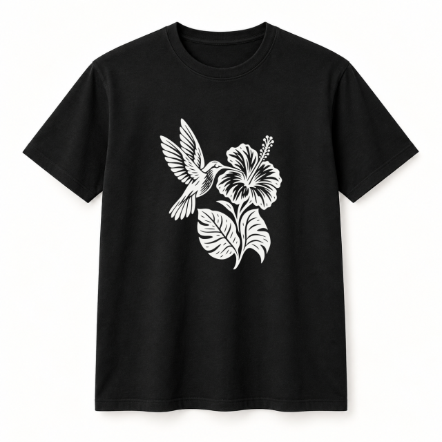 Camiseta negra con diseño Colibrí Nocturno en serigrafía a una tinta