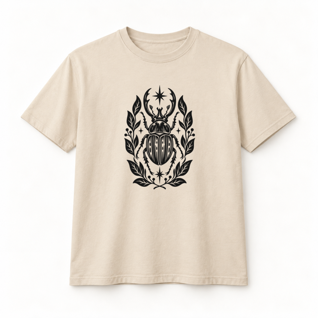 Camiseta beige con diseño Escarabajo Botánico en serigrafía a una tinta