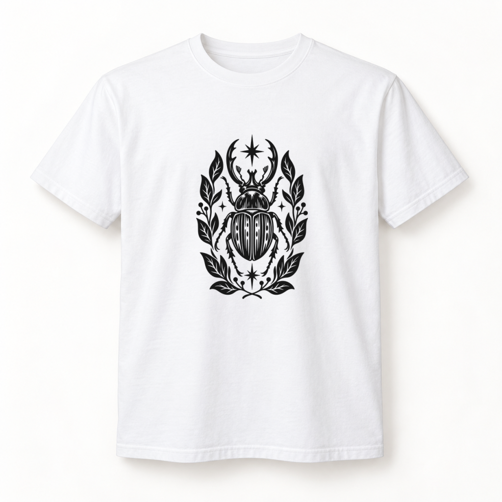 Camiseta blanca con diseño Escarabajo Botánico en serigrafía a una tinta