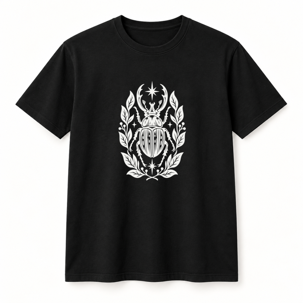 Camiseta negra con diseño Escarabajo Botánico en serigrafía a una tinta
