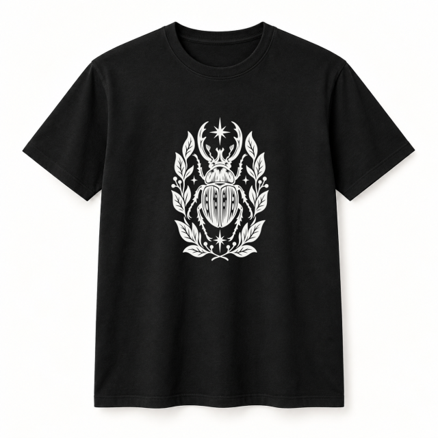 Camiseta negra con diseño Escarabajo Botánico en serigrafía a una tinta