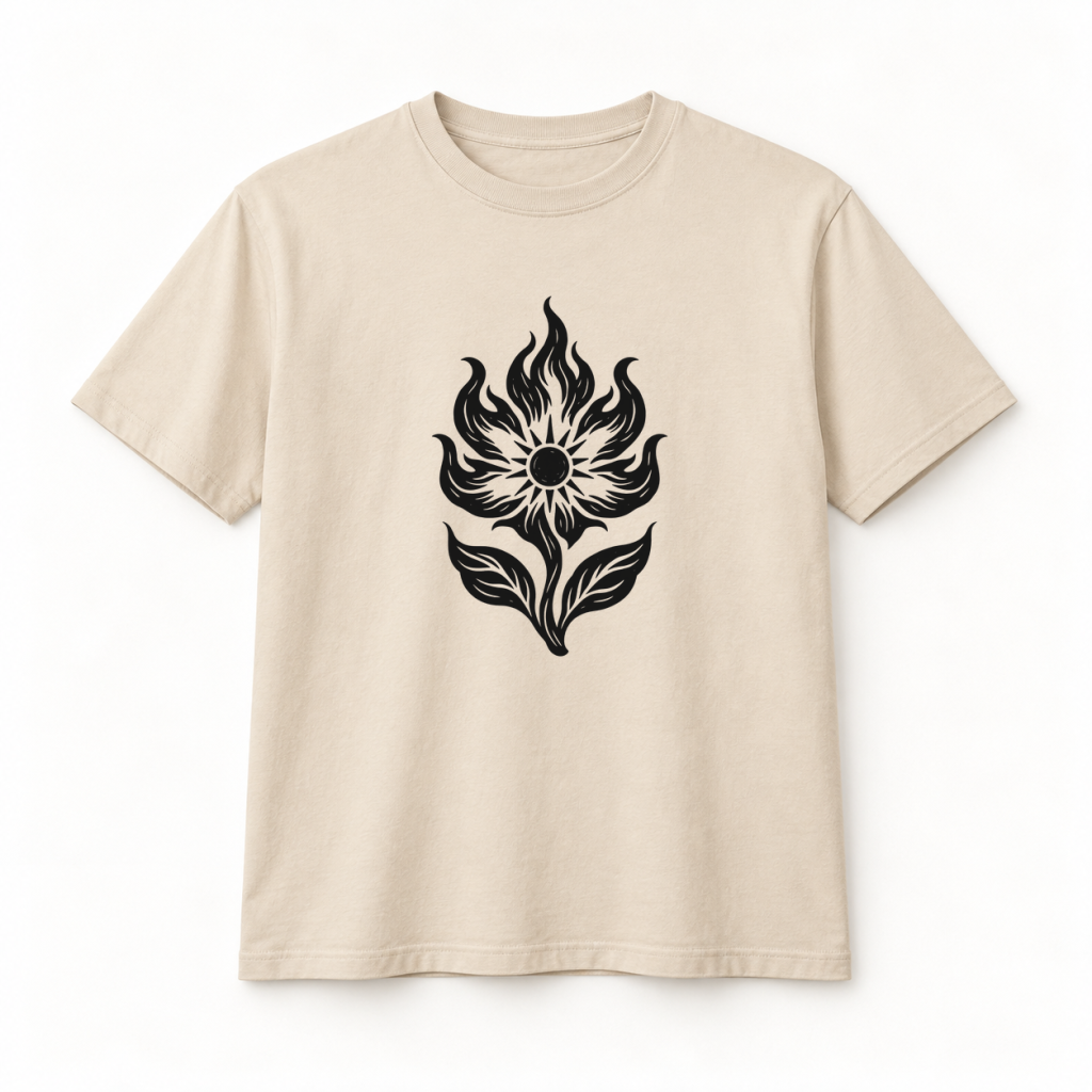 Camiseta beige con diseño Flor de Fuego en serigrafía a una tinta