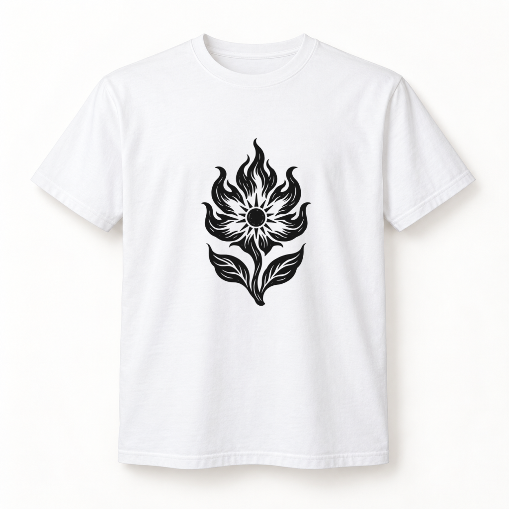 Camiseta blanca con diseño Flor de Fuego en serigrafía a una tinta