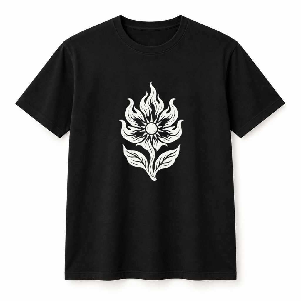 Camiseta negra con diseño Flor de Fuego en serigrafía a una tinta