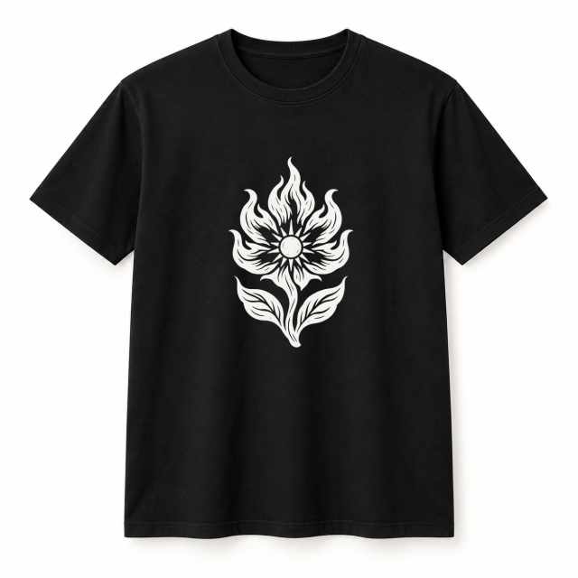 Camiseta negra con diseño Flor de Fuego en serigrafía a una tinta