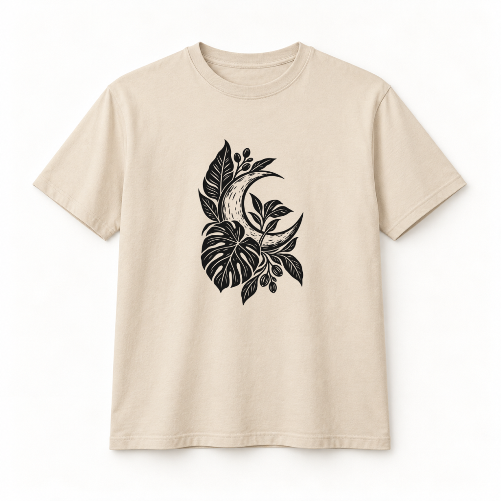 Camiseta beige con diseño Luna Botánica en serigrafía a una tinta