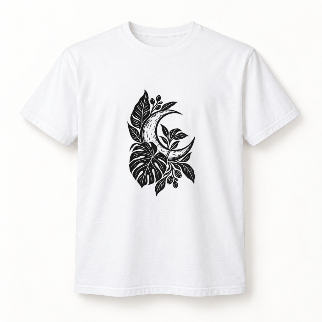 Camiseta blanca con diseño Luna Botánica en serigrafía a una tinta