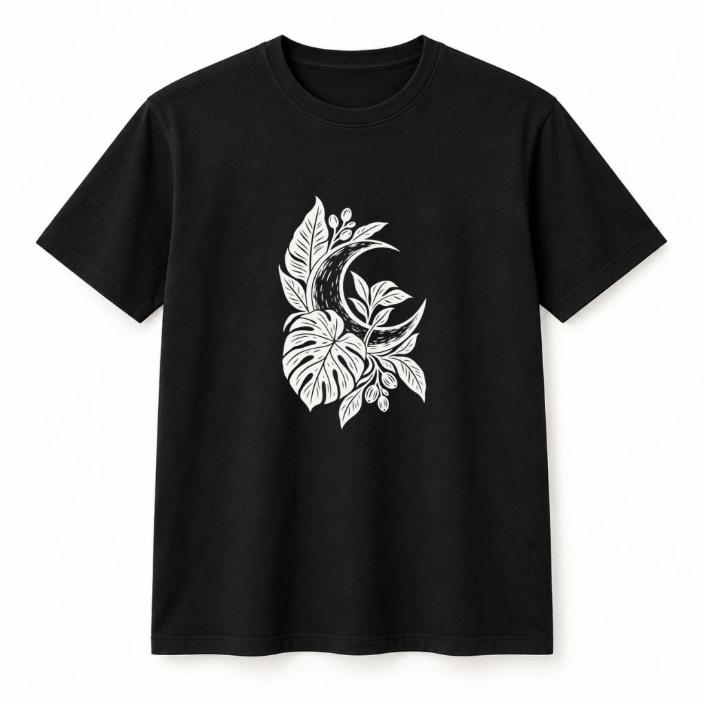 Camiseta negra con diseño Luna Botánica en serigrafía a una tinta
