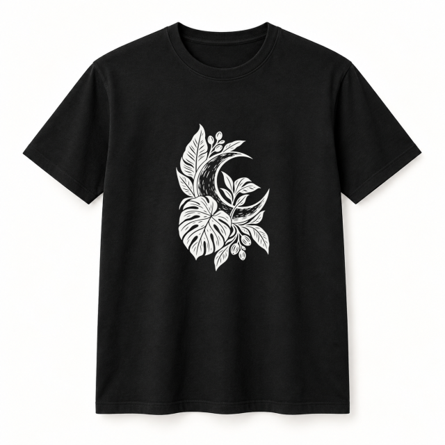 Camiseta negra con diseño Luna Botánica en serigrafía a una tinta