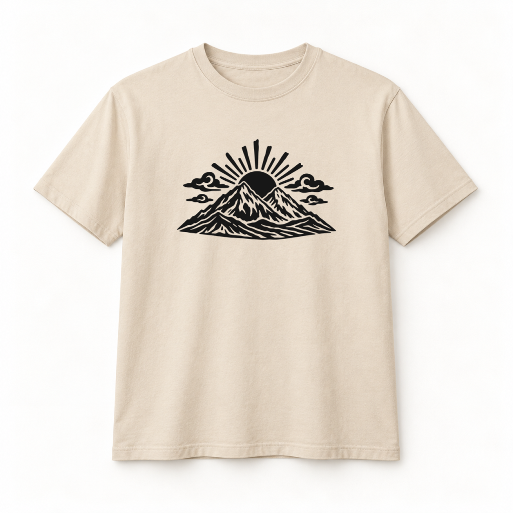 Camiseta beige con diseño Montaña Solar en serigrafía a una tinta