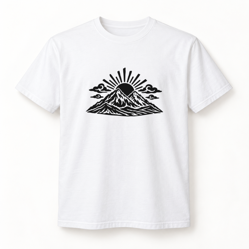 Camiseta blanca con diseño Montaña Solar en serigrafía a una tinta