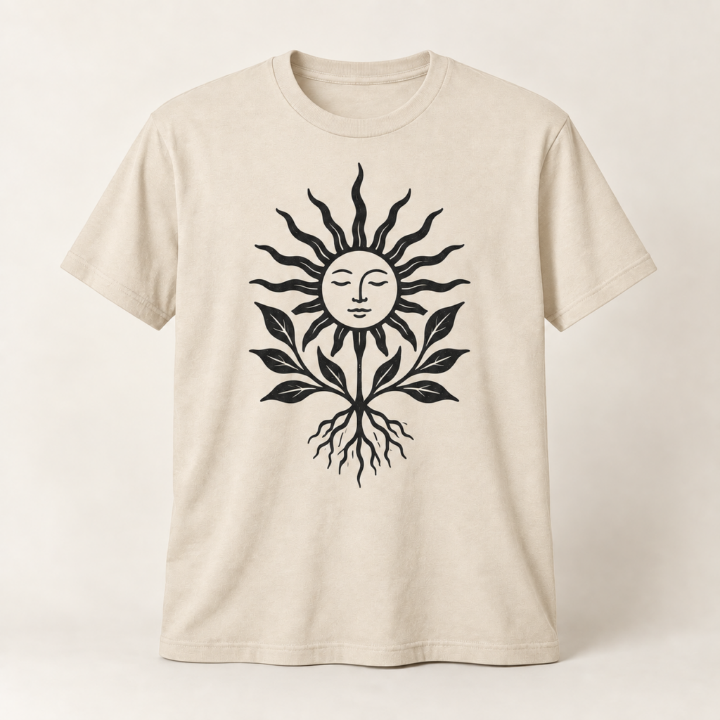 Camiseta beige con diseño Sol Botánico en serigrafía negra