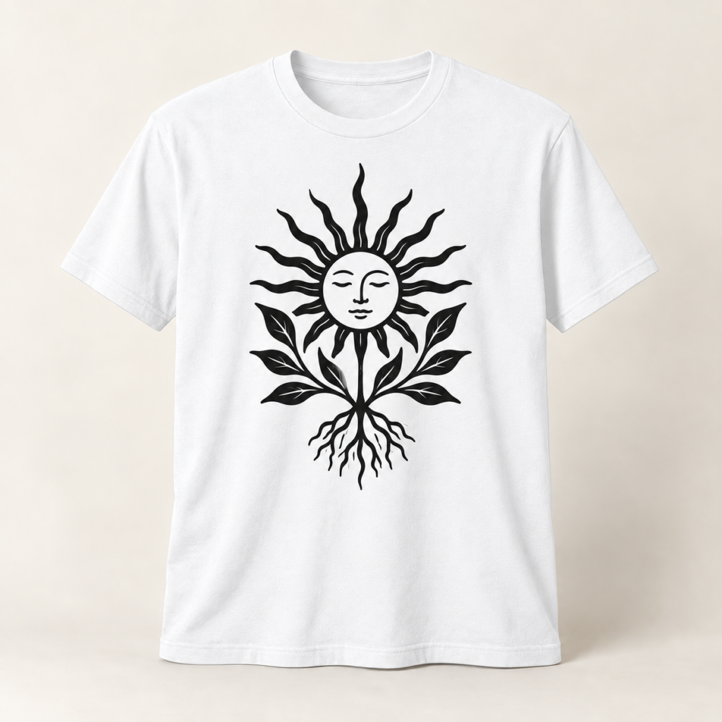 Camiseta blanca con diseño Sol Botánico en serigrafía negra