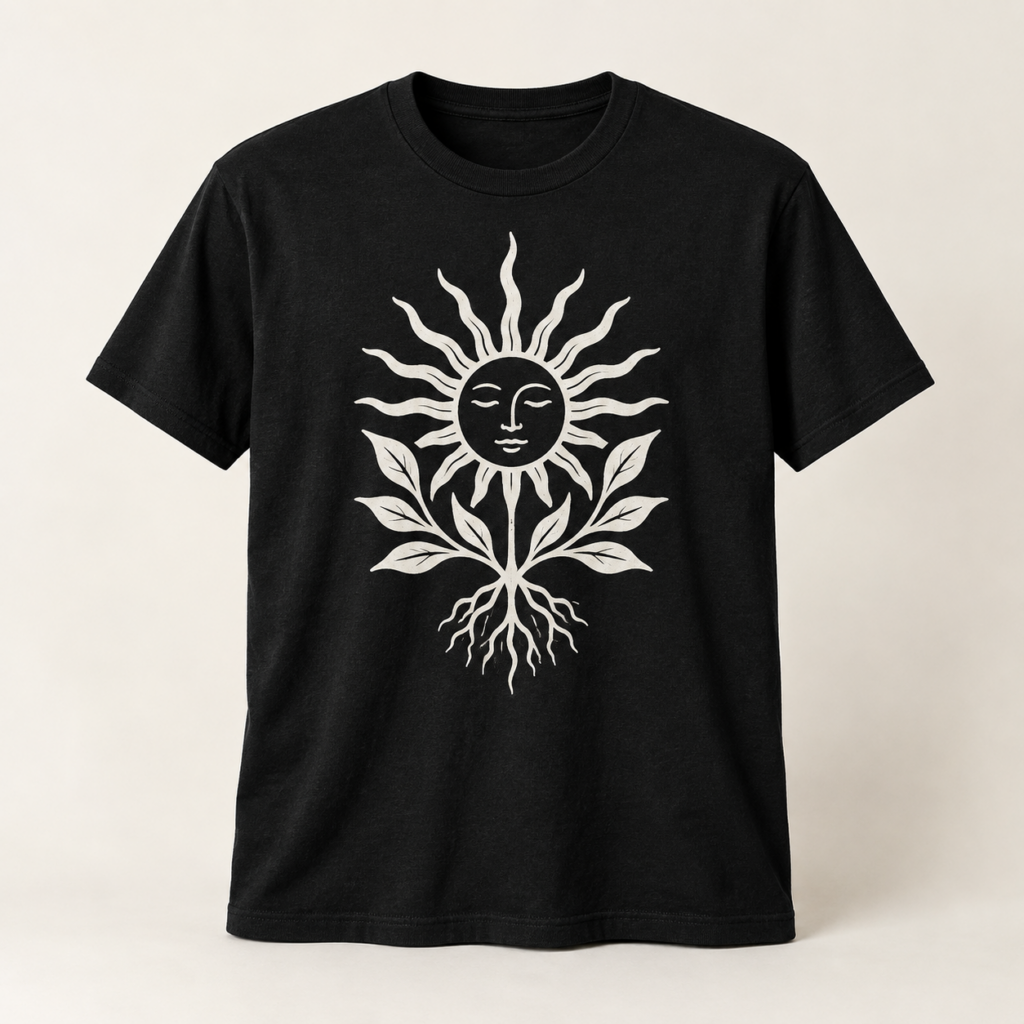 Camiseta negra con diseño Sol Botánico en serigrafía blanca