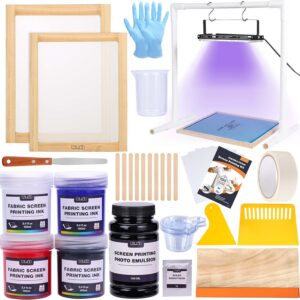 Kit de serigrafía de 46 piezas con tinta de impresión de pantalla de 4 colores, marco de impresión de pantalla de 2 tamaños y escobilla de goma para serigrafía